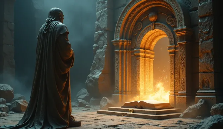 
A brilliant, ancient magic emanates from the statue as the book is placed in the magical doorway.
