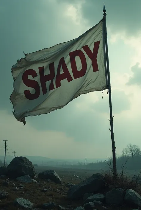 A dramatic cinematic photo featuring a large, tattered flag fluttering in the wind. The flag bears the year "SHADY" prominently inboldletters, symbolizing a significant historical event. The background reveals a desolate battlefield with overturned stones,...