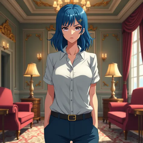 Anime 2D woman, blue hair, serious face, middle age, casual clothes, full body , in a mansion.