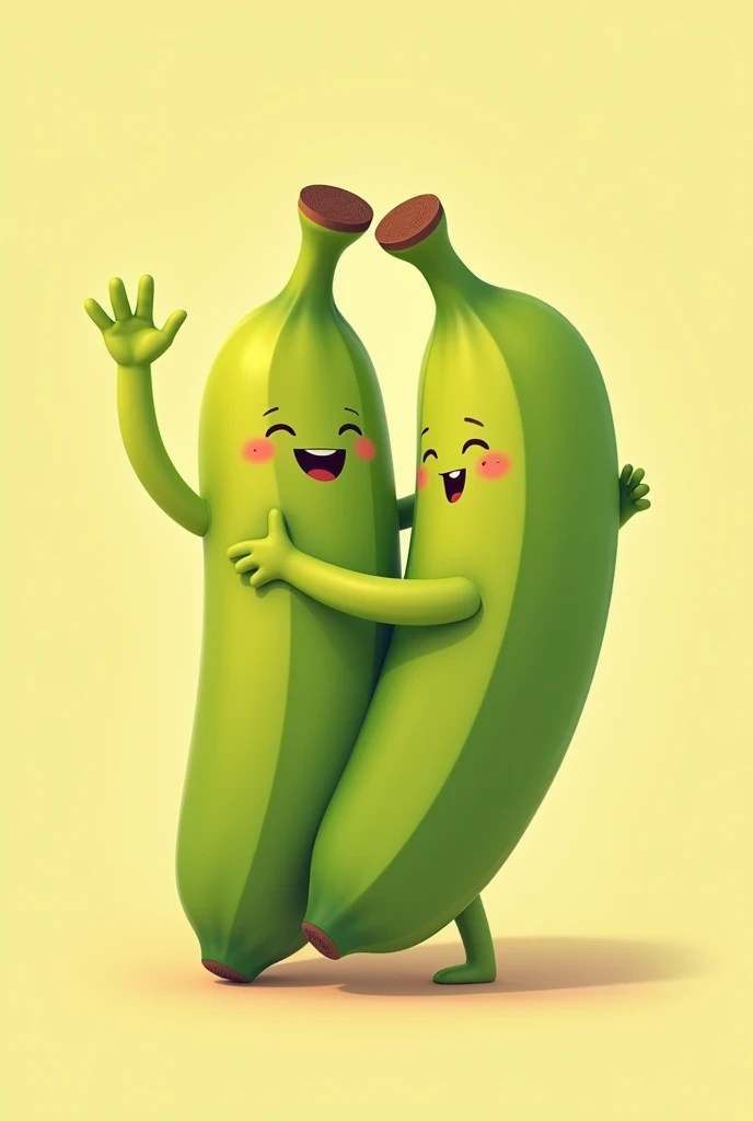 Believe me, two green bananas, that they are hugging each other and throwing their hands out as a sign of good,