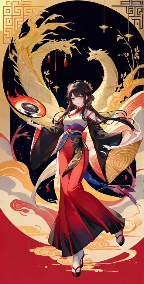 national current，complex background，full body portrait，dynamic action，floating，（The anthropomorphization of Chinese mythical beasts，beautiful girl，Wear colorful clothes），full body standing painting，wide sleeves，big watery eyes，Beautiful face and smooth fai...