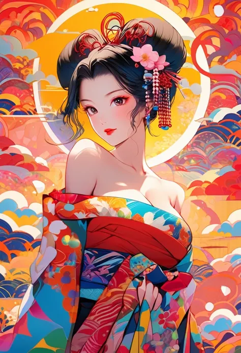 {worst quality, low-quality}, Anime artwork depicting a girls face within a vivid and abstract collage of colors and patterns. (geisha girl)),  Big Breasts, (off shoulders:1.4), The composition includes a variety of shapes, lines, and textures, all in brig...