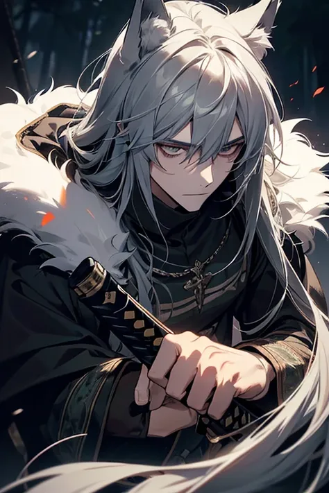 1male, calm, adult, 3 face, spy/ladron medieval, messy semi long hair with bangs, gray fur, emerald eyes, silver accessories, we...