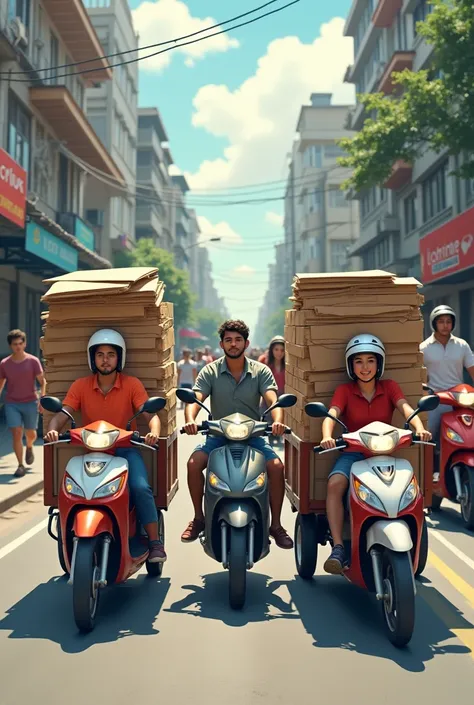 group of white friends collecting cardboard to sell, walking down the street, on motorbikes, carts