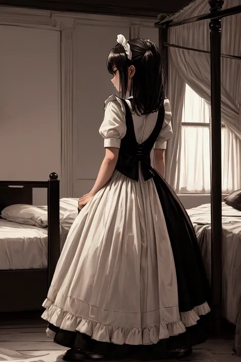 view from behind of a maid next to a bed who has a man waiting for her, dark atmosphere at night, darker schene