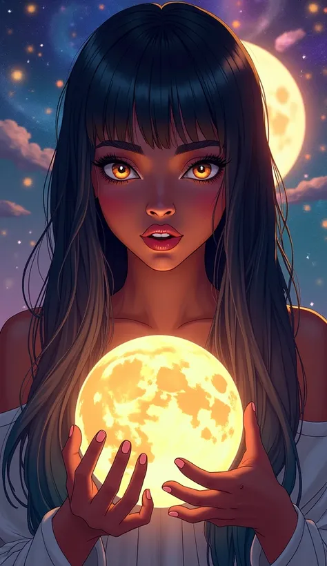 mobile wallpaper design of a (Dark-skinned:1.2), latin mixed race, woman, with long straight rainbow hair with bangs, brown glowing eyes, holding the moon on her hands, [[extremely detailed]], [[artistic]],[[stilysh toon:1.5]], [[thicker outlines:1.5]], [[...