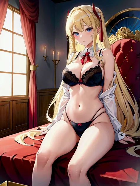 Highest quality, masterpiece, Ultra-high resolution, female、Big Breasts、かなりヤリマンのfemale王、Secret room in the castle、Long Hair、Sit with your legs apart、Adult appearance、Blonde、T-bag、bra、Establish a forbidden physical relationship with a guard、A look of domina...