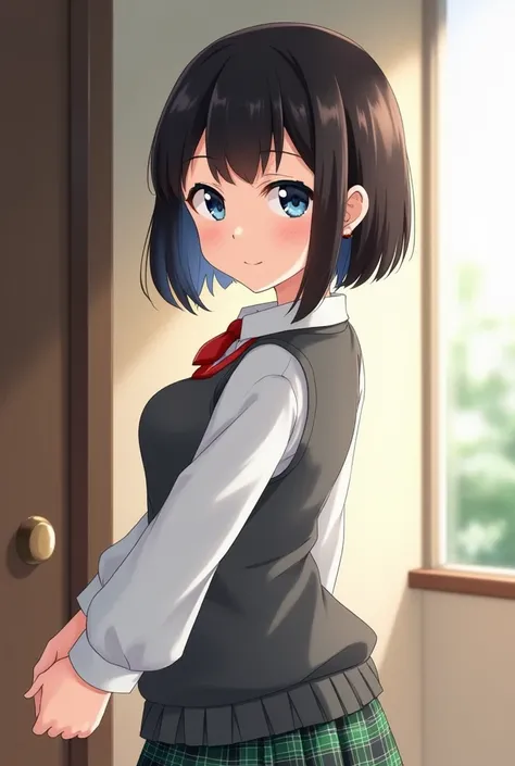 20 year old Japanese woman ((Small breasts, thin)), Shiny blackish brown straight short bob ((Jet black hair )),((Center-parted bangs)), ((Dark brown hair of her forelock)), break, Large, droopy, round eyes ((Shiny light blue eyes)), eyelash, Tiny red pepp...