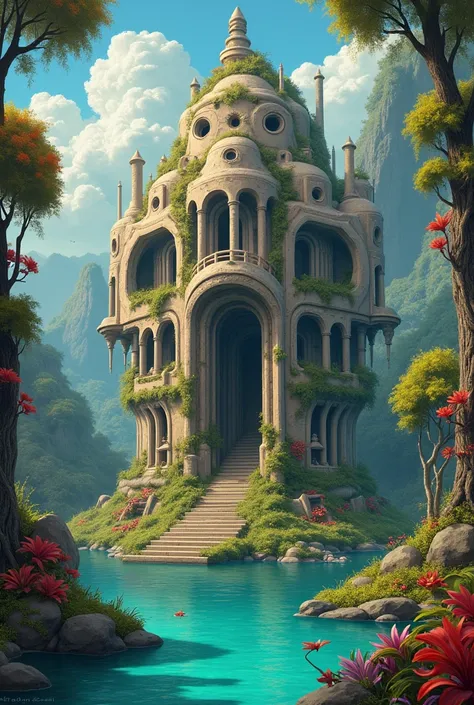 2D drawing with surrealist aesthetics of a fantasy setting of a ruined temple with a creative and dynamic shape surrounded by a lake in the middle of a colorful and exotic forest.