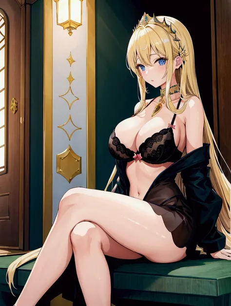 Highest quality, masterpiece, Ultra-high resolution, female、Big Breasts、かなりヤリマンのfemale王、Secret room in the castle、Long Hair、Sit with your legs apart、Adult appearance、Blonde、T-bag、bra、Dark look