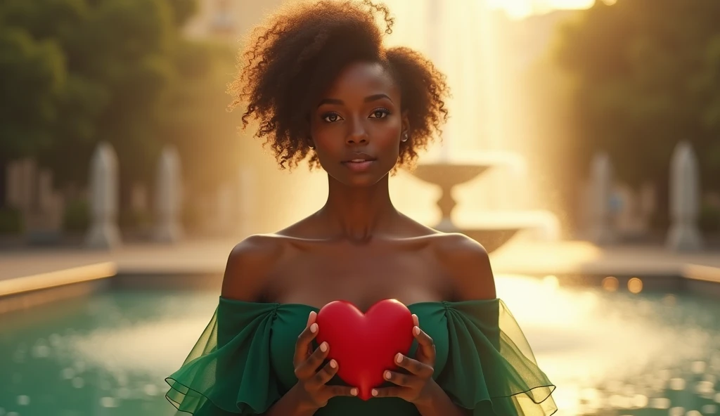 A woman of African descent wearing a beautiful green dress with sleeves covering her shoulder, holding a red colored heart, in the background a very distant fountain, colored image with sun reflection and