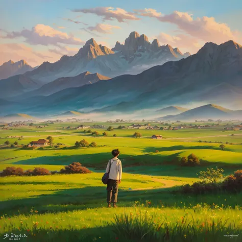 Best quality, Masterpiece, Extremely high accuracy, (realism: 1.4), Oil painting style, Film lighting, Endless grasslands dotted with a few houses., I stood on the empty asphalt road and looked at him., The imaginary mountains were misty., And the cranes w...