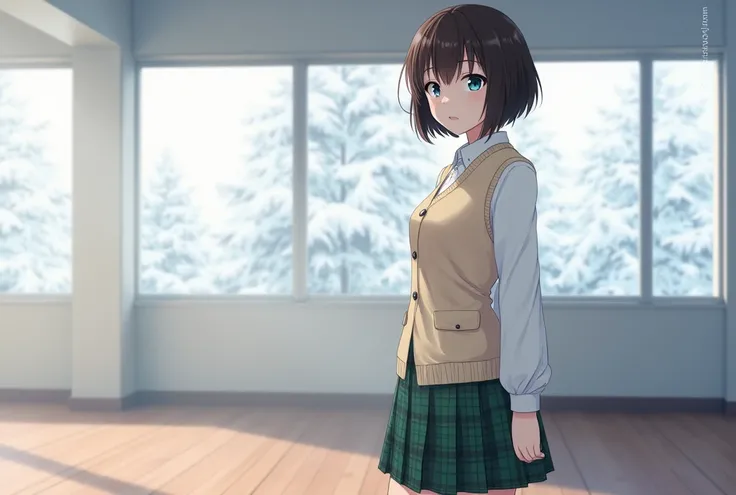 A 1 anime style girl, HD image, Soft lighting, stop, aisle, third floor, white school, wooden floor, In the windows you can see the reflection of some tree tips covered in snow, in the afternoon (Plano americano), mide 169 cm, its measures: B 65, At 35, H ...