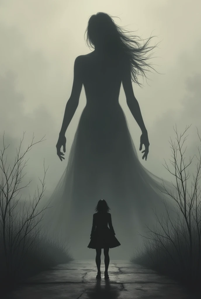  An image that depicts a broken woman in the distance and a shadow of a threatening woman in gray tones 