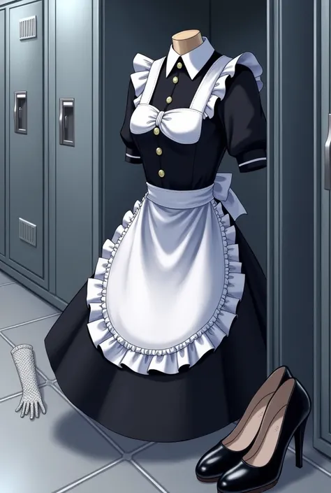 Anime Maid uniform in locker with shoes and gloves