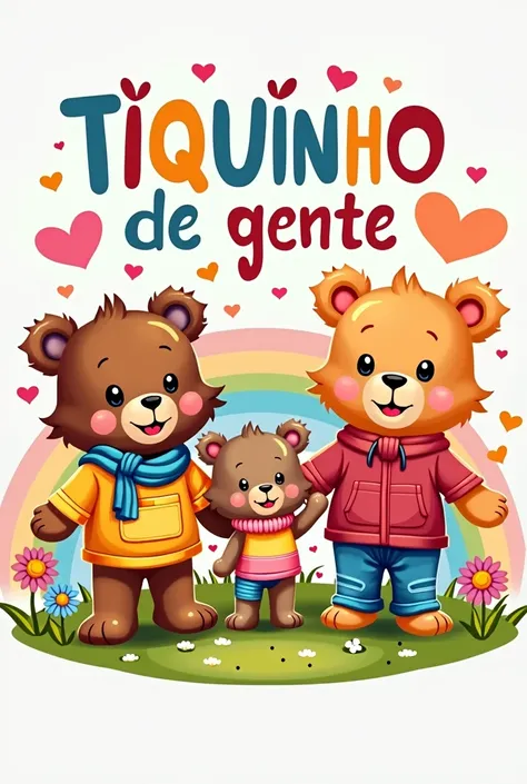 Create a logo for a children&#39;s clothing website that has the name Tiquinho de Gente in Portuguese in capital letters, uses bright colors and that awakens the desire to buy.,  put bears and bears in clothes, rainbow , hearts and butterflies in size 180×...