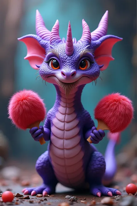 Purple dragon with a goatee, two puffy cheeks, five horns, and a ping pong paddle made of fur in each hand, red and orange eyes