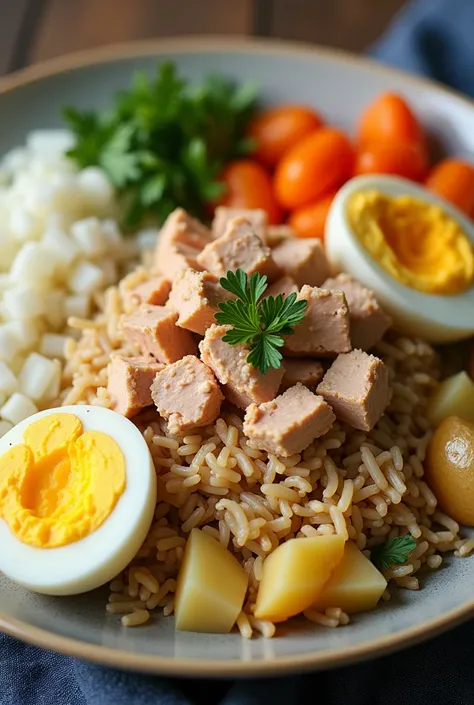 canned tuna with rice, boiled potato, peeled and cut into large pieces, Onion peeled and cut into small pieces and egg