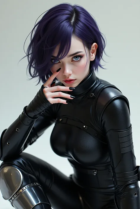 A white-skinned woman with blue eyes, wearing a technological outfit and black gloves showing her fingers and her nails painted black, with a metal boot and with short hair on the shoulders and purple 
