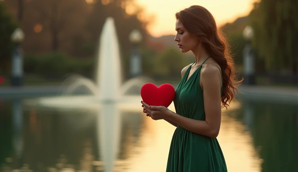 A woman in a simple green dress and well dressed, holding a red colored heart, in the background a very distant fountain with the reflection of the sun the image of the woman should be on the right side,                                fullcolor 