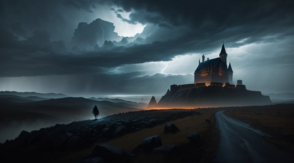 A disturbing and moving landscape of an imposing giant fortress in the form of a large dark medieval gothic castle in the style of darksouls on a large rock that protrudes from the ground in the distance.. The scene shows a small, solitary figure of a knig...