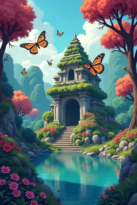 Steven Universe style drawing with surrealist aesthetics of a fantasy setting of a ruined temple with butterfly statues in a creative and dynamic format surrounded by a lake in the middle of a colorful and exotic forest.