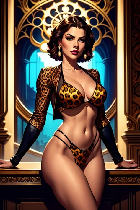 a beautiful, vintage-inspired pinup girl in a leopard print bikini, posing seductively, high contrast, dramatic lighting, glamor...