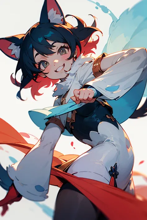 FHD, masterpiece, anime, kemono, furry, dog face, with dog ears, a girl, monster, dancing, white background, fantasy, watercolor, cheerful grin, dutch angle shot,