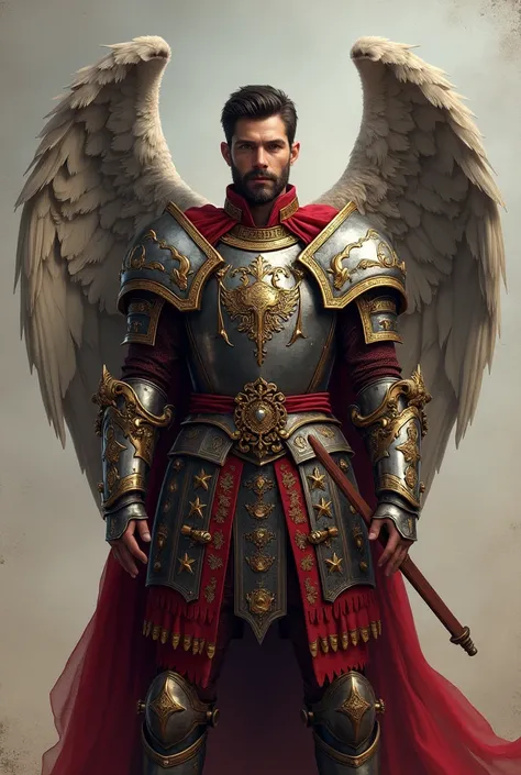 Polish Winged Hussar with dark short hair, tanned skin, Brown eyes, Facial Hair, mid twenties
