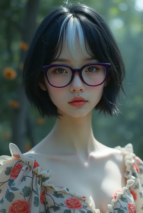 Woman with short hair and two white strands that are frontal, She has dark purple glasses and a flowing flowery dress 