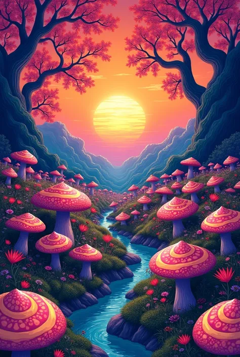 Psychedelic wallpaper with nature landscape with psychedelic mushrooms with sunrise in a field of flowers