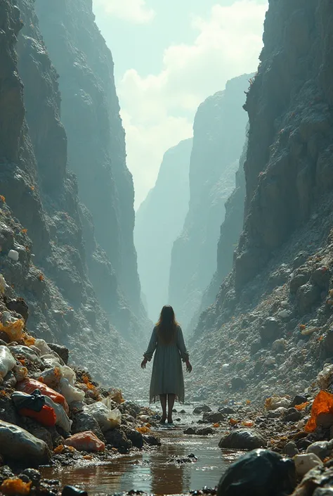 Mountains of garbage with a woman in the middle foreground throwing water from her hands with lots of garbage 
