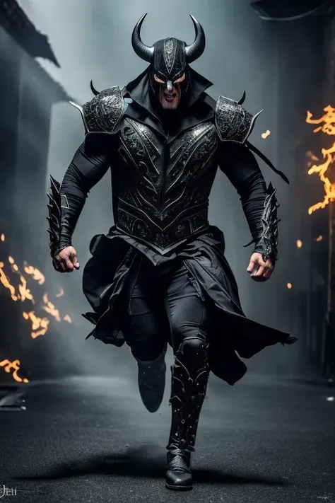 Could create a villain, malefic, with mask, light clothing, with torn clothes, the villain is muscular, your whole body could appear, the villain is running from a very angry bull, in the image there is a narrow road