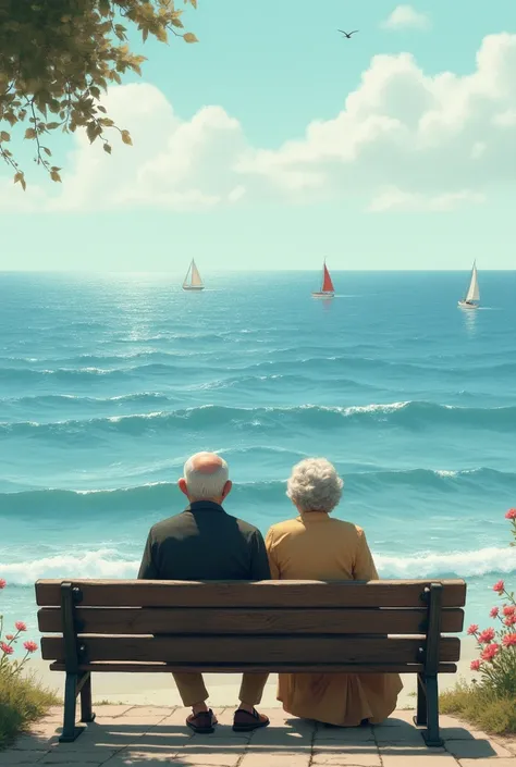 An elderly couple、Sitting on a bench、A back view of a person leisurely looking at the beautiful seascape