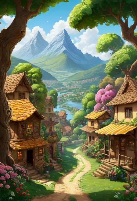 Draw a world of sweets where you can see the nature of the world like trees, rios, mountains, villages but sweet version