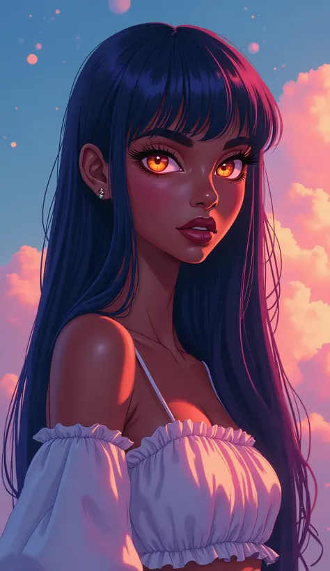 mobile wallpaper design of a (Dark-skinned:1.2), latin mixed race, woman, with long straight rainbow hair with bangs, brown glowing eyes, hairs merging with sky, cloudy pastel colours, [[extremely detailed]], [[artistic]],[[stylish abstract toon illustrati...