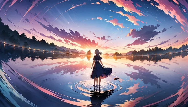 Official Art, Unified 8k wallpaper, Very detailed,  masterpiece, Best image quality，Ultra Wide Angle，evening，One Woman，Standing in the pond，The water is like a mirror，Reflecting the sky。Looking up at the sky，Colorful sunset，Dynamic Angle, Grace, Bright col...