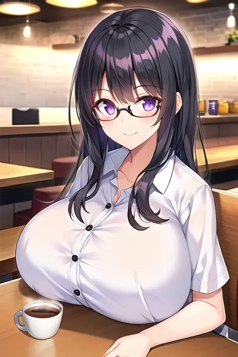 (one girl), (black hair:1.1), (purple eyes), (goodiis), (glasses), (huge breasts), (breast press), (smile), (:is), (intricate ir...