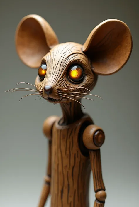 Wooden mouse puppet with two glowing yellow eyes and one eye sticking out