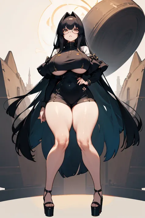 young girl, Pullover, tube bandeau dress, whole body to see, angry look , scream, shorts straight hair, blinding bangs hair,(( very wide hips)), (((colossal Thighs, gigantic thighs, very huge thighs, very big thighs))), fullbody, platform heels, pale skin,...