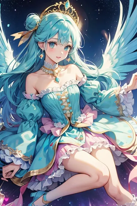 Aurora Ciel Top
A pale periwinkle top with clouds, white sparkles and primary color rainbow print. The lining is gold, with a strip of white frills around the top of the chest to accent the ruffled sleeves. The middle of the torso is cut to reveal a pastel...