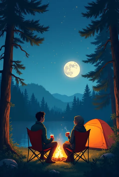  camping at night in the forest.  Have a tent, moon, stars, bonfire, fireflies .  Husband & wife on camping chairs drinking coffee, young husband wearing sweater. Young wife wearing a hijab. Husband & wife medium height. Facing the scenery on the moon.  Di...
