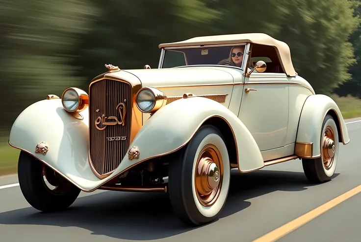 side view image of 1937 delahaye 135 art deco hotrod convertible limousine with 4 front fenders with 4 thick and wide front and 2 rear wheels, white color with two large heads of huge tigers with open mouths in polished and shiny copper in place of the fen...