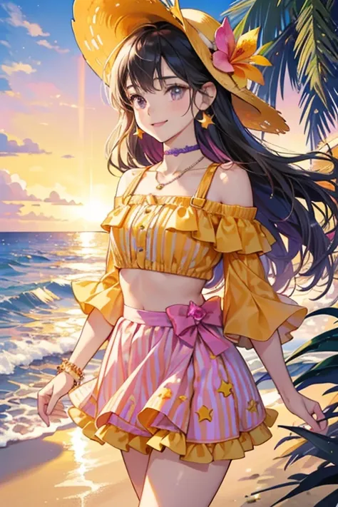 Beach Sunset Top
A ruffled, crop top of orange, yellow and light blue gradient. It depicts orange, green and fuchsia palm trees and flowers, and across the chest is Smile, written in white, blue and hot pink gradient. The off-shoulder sleeves have a hot pi...