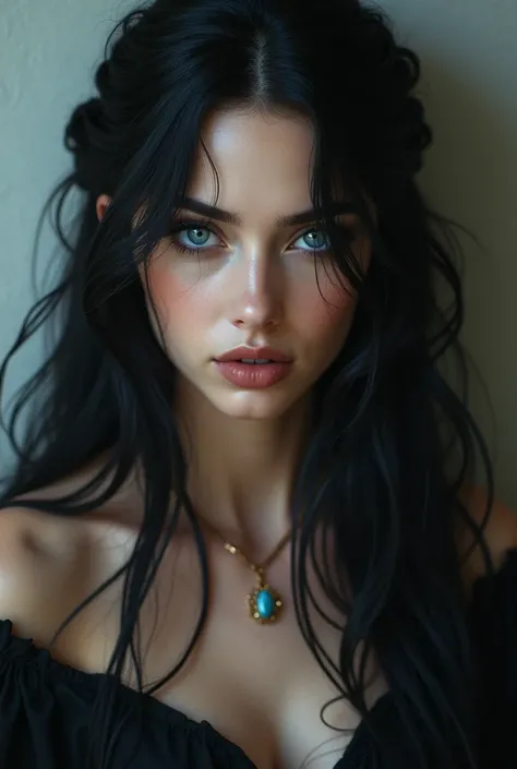 Lady with blue eyes, black hair, long 