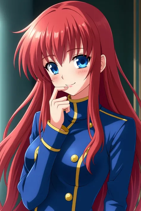 Yugioh, yugioh gx, yugioh gx style, obelisk blue, yugioh obelisk blue, duel academy, obelisk blue uniform, 1girl, Solo, Long Hair, Breasts, Smile, Blue eyes, Very Long Hair, Closed Mouth, Red Hair, 