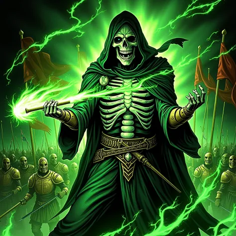 Portray a battle of armies, of sacred humans from the undead. This character in the photo is the leader of the undead army and is attacking the human soldiers with green flames..