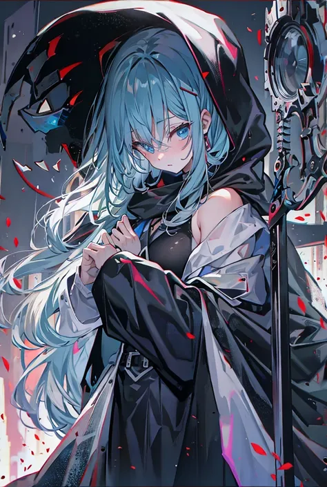 Grim Reaper&#39;s Beautiful Girl,Sensual,Clear blue lips,Scythe,Tattered black hooded robe,White textured skin, Highest quality, blue eyes, Expressionless, Hollow Eyes, Apocalypse, Anime Style, 