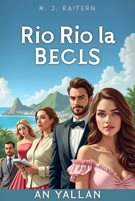 Novel cover A beautiful woman with brown hair, a man dressed as a waiter, an evil stepmother, a father with a beard and a beautiful blonde behind, Rio de Janeiro