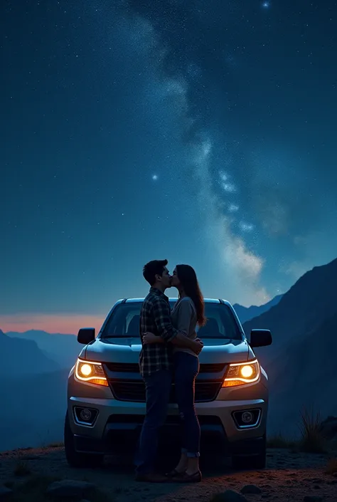 Two lovers at night in a Chevrolet Colorado at a viewpoint on top of a mountain watching the sky full of stars 